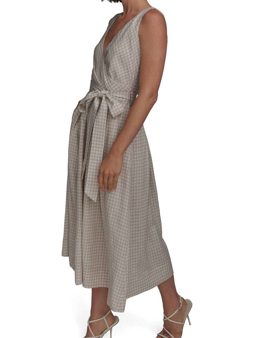 Donna Karan Beige Gingham Wrap Midi Dress